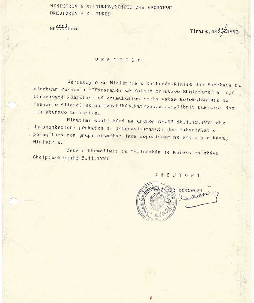 Vertetim_date_23_shkurt_1993_Nr.0223_Prot._Ministria_e_Kultures_Rinise_dhe_Sporteve